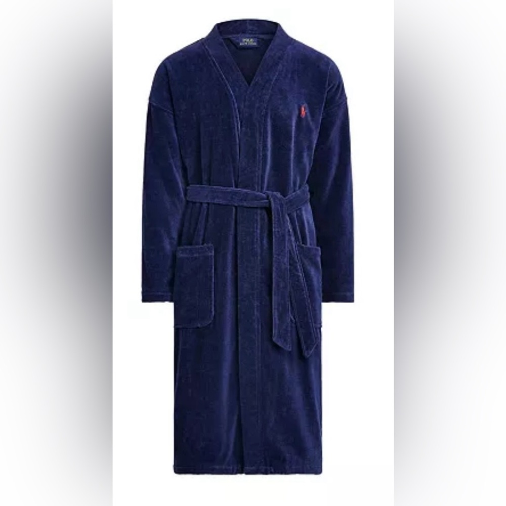 Polo Ralph Lauren Men's Sleepwear Soft Cotton Kimono Velour Robe Navy Blue